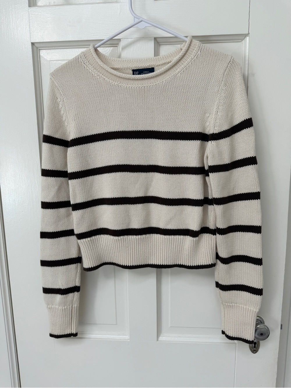 Gap 100% cotton roll neck sweater, cropped, cream and brown stripes